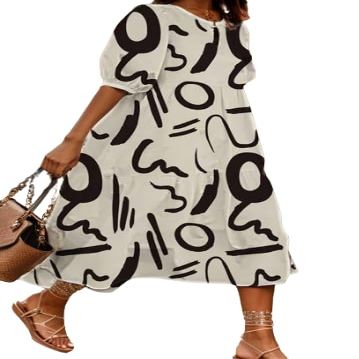 Akivide Women Casual Boho Floral Print Maxi Dress Summer Half Puff Sleeve Crewneck Tiered Swing Flowy Beach Loose Tshirt Long Dress Plus Size 2024