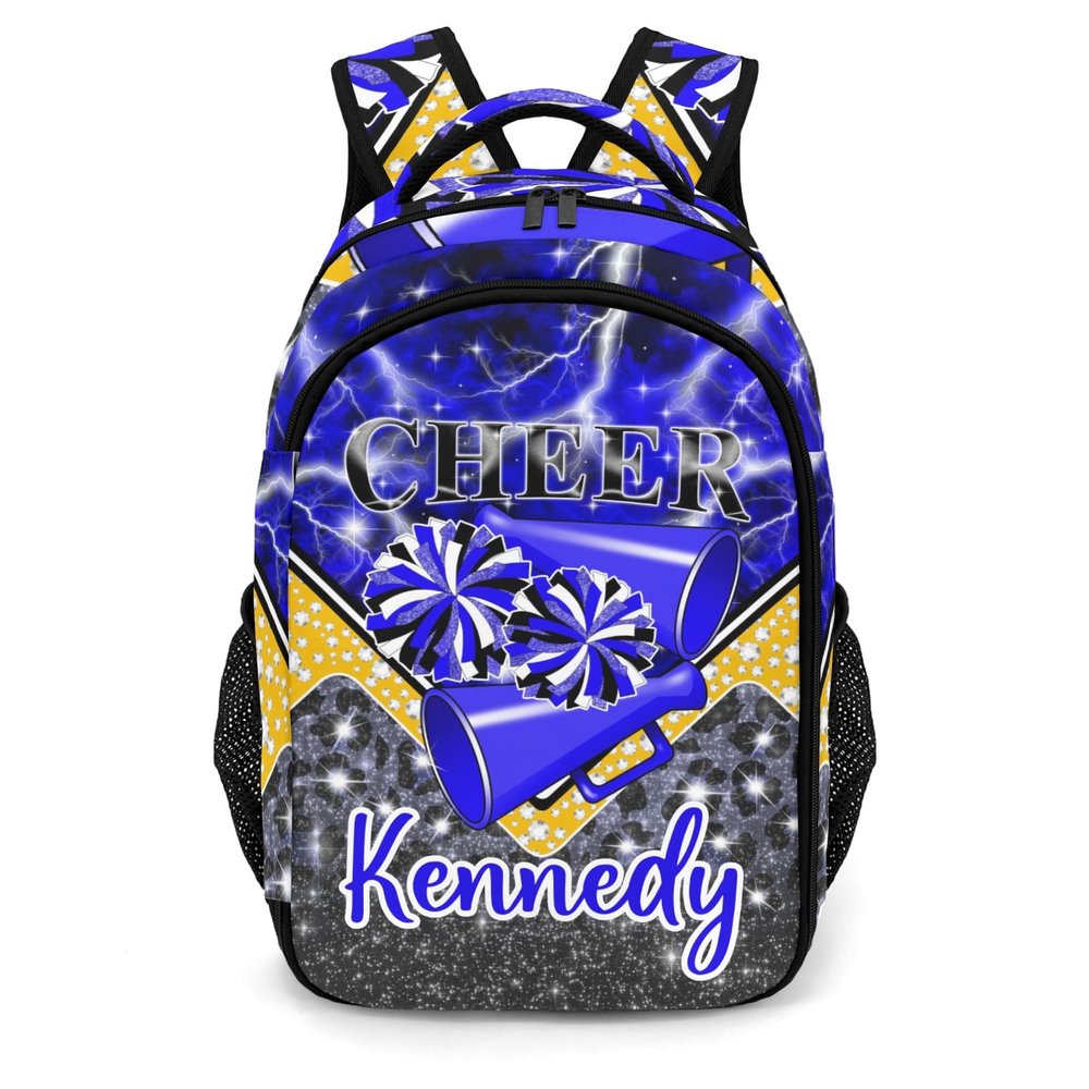 CUXWEOT Waterproof Cheerleading Backpacks Shoulders Schoolbags Cheer Backpack for Men Women Gift(Bright Blue Black Gold)