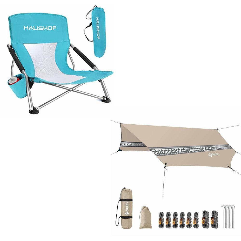 HAUSHOF Low Beach Chair, Mesh Back Folding Chair, Lightweight Low Seat Camping Chairs with Cup Holder & Hammock Tent Rain Fly, Octagonal Waterproof Camping Tarp