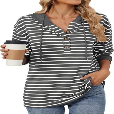 ULLiaN Womens Oversized Striped Color Block Hoodies Casual Long Sleeve Drawstring Side Pullover Hooded Womens Long Tee Shirts (05,XL)