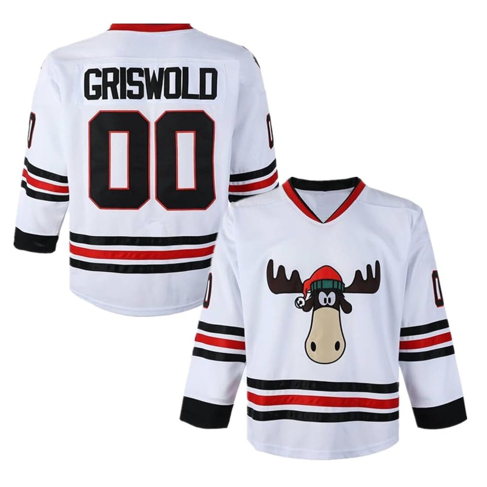 Men's Clark #00 Griswold Movie Hockey Jersey Stitched X-Mas Christmas Vacation (US, Alpha, Large, Regular, Regular, White)