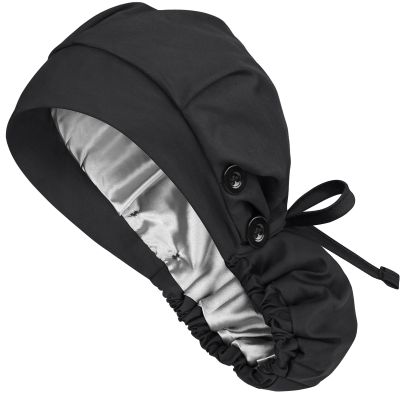 Ponytail Scrub Cap Satin Lined Womens Nurse Hat Silk Surgical Bouffant Bonnets with Buttons Black