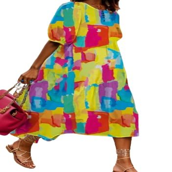 Akivide Women Casual Boho Floral Print Maxi Dress Summer Half Puff Sleeve Crewneck Tiered Swing Flowy Beach Loose Tshirt Long Dress Plus Size 2024