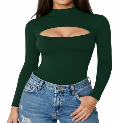 ALGALAROUND Short Long Sleeve Shirts for Women Basic Mock Turtle Neck Cut Out Tops Going Out T-Shirt Tee