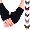 BLULILY Unisex Cotton Knitted Fingerless Gloves Solid Color Stretchy Thumb Hole Wrist Length Driving Mittens Hand Warmers view 4