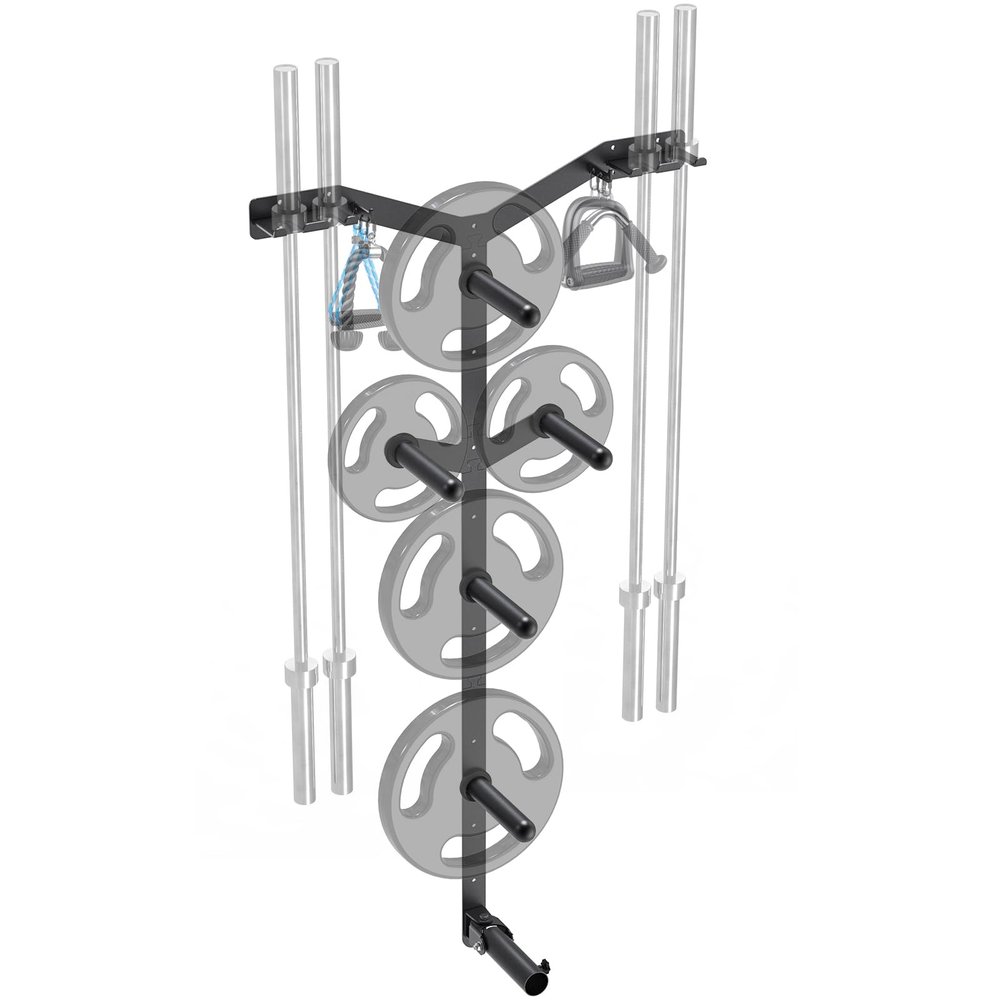Lifeswell Wall Mounted Weight Plate Rack, Heavy Duty Olympic Barbell Holder & T Bar Row Landmine Attachment, 6 Hook Holes, 5 Pegs & 4 Barbell Storage, Space-Saving Home Gym Organizer