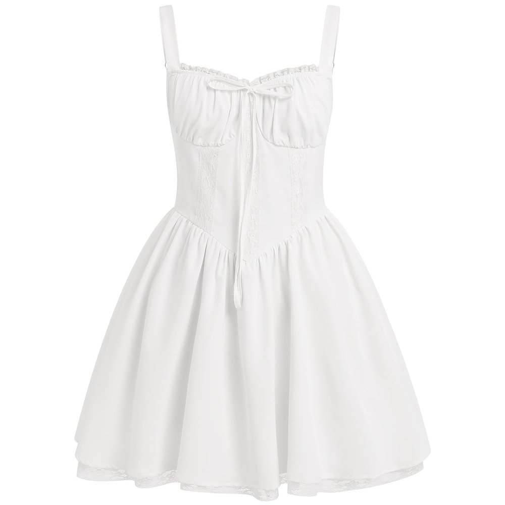 ABEWIP Corset Dresses for Women Spaghetti Straps Short Mini Floral Lace Bustier Dress Summer Boho Sundress White XL