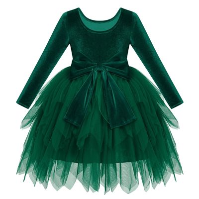 ABEHIK Toddler Girls Christmas Velvet Dress Long Sleeve Handkerchief Hem Tulle Tutu Dress Fall Winter Ruffle Princess Wedding Bowknot Flower Girl Dresses 1st Birthday Party Outfits Green 2-3 Years