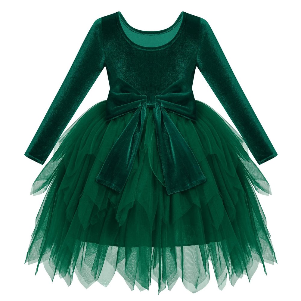 ABEHIK Toddler Girls Christmas Velvet Dress Long Sleeve Handkerchief Hem Tulle Tutu Dress Fall Winter Ruffle Princess Wedding Bowknot Flower Girl Dresses 1st Birthday Party Outfits Green 2-3 Years