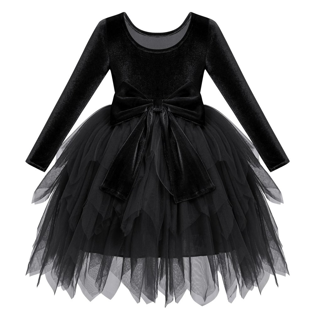 ABEHIK Baby Girls Velvet Tutu Dress Long Sleeve Handkerchief Hem Christmas Tulle Dresses Fall Winter Princess Clothes Wedding Bowknot Flower Girl Dresses 1st Birthday Party Outfits Black 4-5 Years