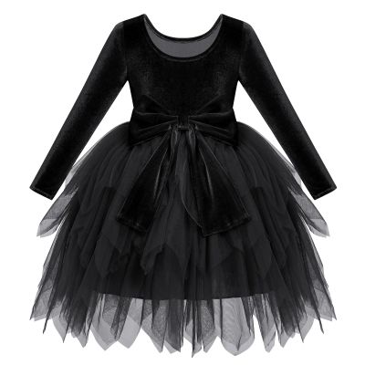 ABEHIK Baby Girls Velvet Tutu Dress Long Sleeve Handkerchief Hem Christmas Tulle Dresses Fall Winter Princess Clothes Wedding Bowknot Flower Girl Dresses 1st Birthday Party Outfits Black 5-6 Years