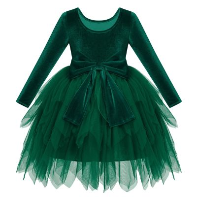 ABEHIK Toddler Girls Christmas Velvet Dress Long Sleeve Handkerchief Hem Tulle Tutu Dress Fall Winter Ruffle Princess Wedding Bowknot Flower Girl Dresses 1st Birthday Party Outfits Green 4-5 Years