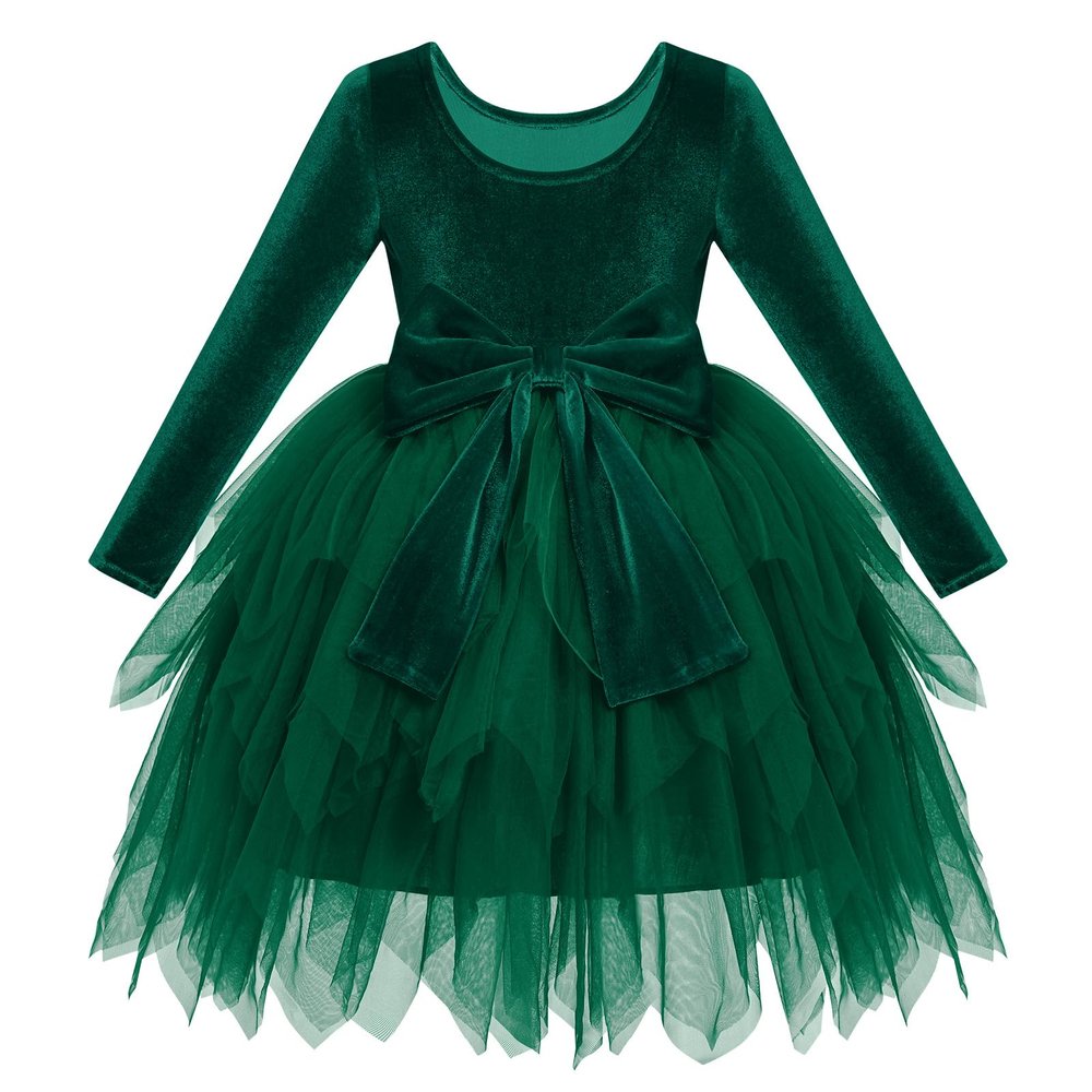 ABEHIK Toddler Girls Christmas Velvet Dress Long Sleeve Handkerchief Hem Tulle Tutu Dress Fall Winter Ruffle Princess Wedding Bowknot Flower Girl Dresses 1st Birthday Party Outfits Green 4-5 Years