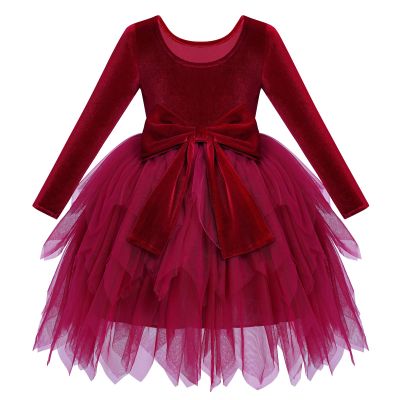 ABEHIK Toddler Girls Christmas Velvet Dress Long Sleeve Handkerchief Hem Tulle Tutu Dress Fall Winter Ruffle Princess Wedding Bowknot Flower Girl Dresses 1st Birthday Party Outfits Red 5-6 Years