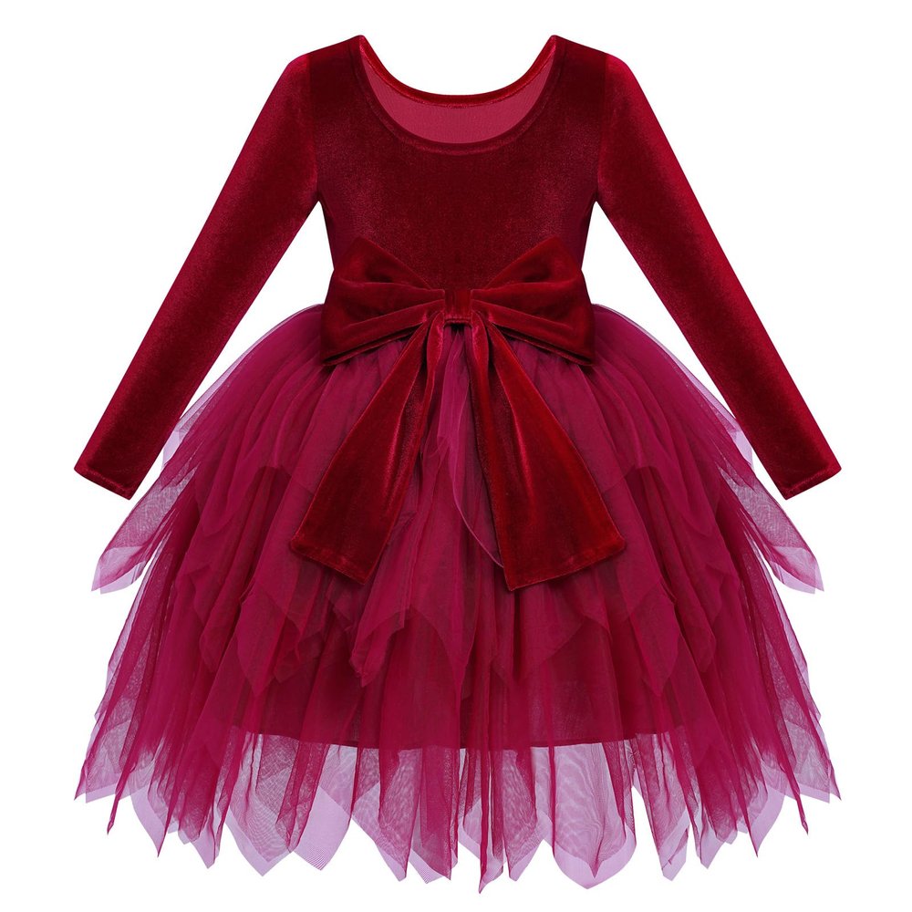 ABEHIK Toddler Girls Christmas Velvet Dress Long Sleeve Handkerchief Hem Tulle Tutu Dress Fall Winter Ruffle Princess Wedding Bowknot Flower Girl Dresses 1st Birthday Party Outfits Red 5-6 Years