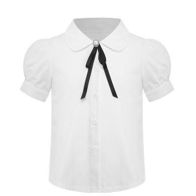 FEESHOW Girls Kids Short Sleeve Button Down Shirts Blouse with Bowknot School Uniform Tops Type A 7-8 Years