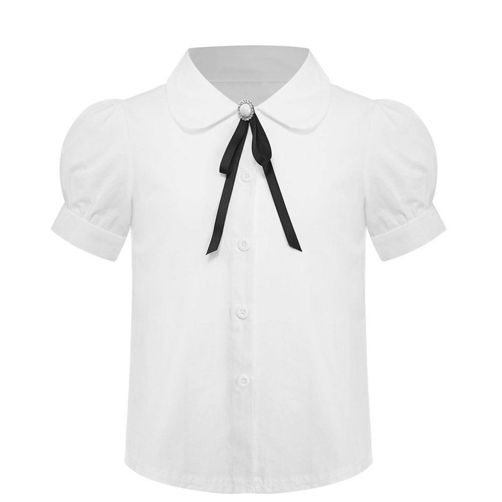 FEESHOW Girls Kids Short Sleeve Button Down Shirts Blouse with Bowknot School Uniform Tops Type A 7-8 Years