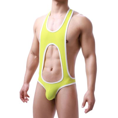 Men's Leotard Bodysuit Stretch Wrestling Singlet Jumpsuit Thong One-Piece G-String Underwear Hollow Out Yellow