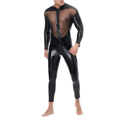 Men's Sexy Latex Lace Net Yarn Stitching Catsuit Leather Jumpsuit Full Body Bodysuit Wet Look Clubwear Clothing Black