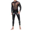 Men's Sexy Latex Lace Net Yarn Stitching Catsuit Leather Jumpsuit Full Body Bodysuit Wet Look Clubwear Clothing Black view 1