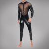 Men's Sexy Latex Lace Net Yarn Stitching Catsuit Leather Jumpsuit Full Body Bodysuit Wet Look Clubwear Clothing Black view 2