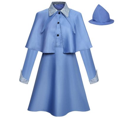Oplxuo Fleur Delacour Cosplay Blue Dress for Women Witch Costume with Hat Cape Shawl 3 Piece Outfits Halloween Costumes