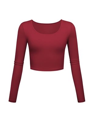 Long Sleeve Crop Tops for Women Workout Basic Clothes for Teen Ladies Fitted Slim Scoop Neck Cute Yoga Shirts (Red, X-Small)
