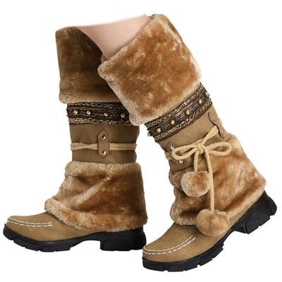 SACFOF Mid Calf Boots for Women,Winter Lace Up Pompoms Platform Anti-Slip Furry Snow Boots Fur Lined Keep Warm Knight Boots