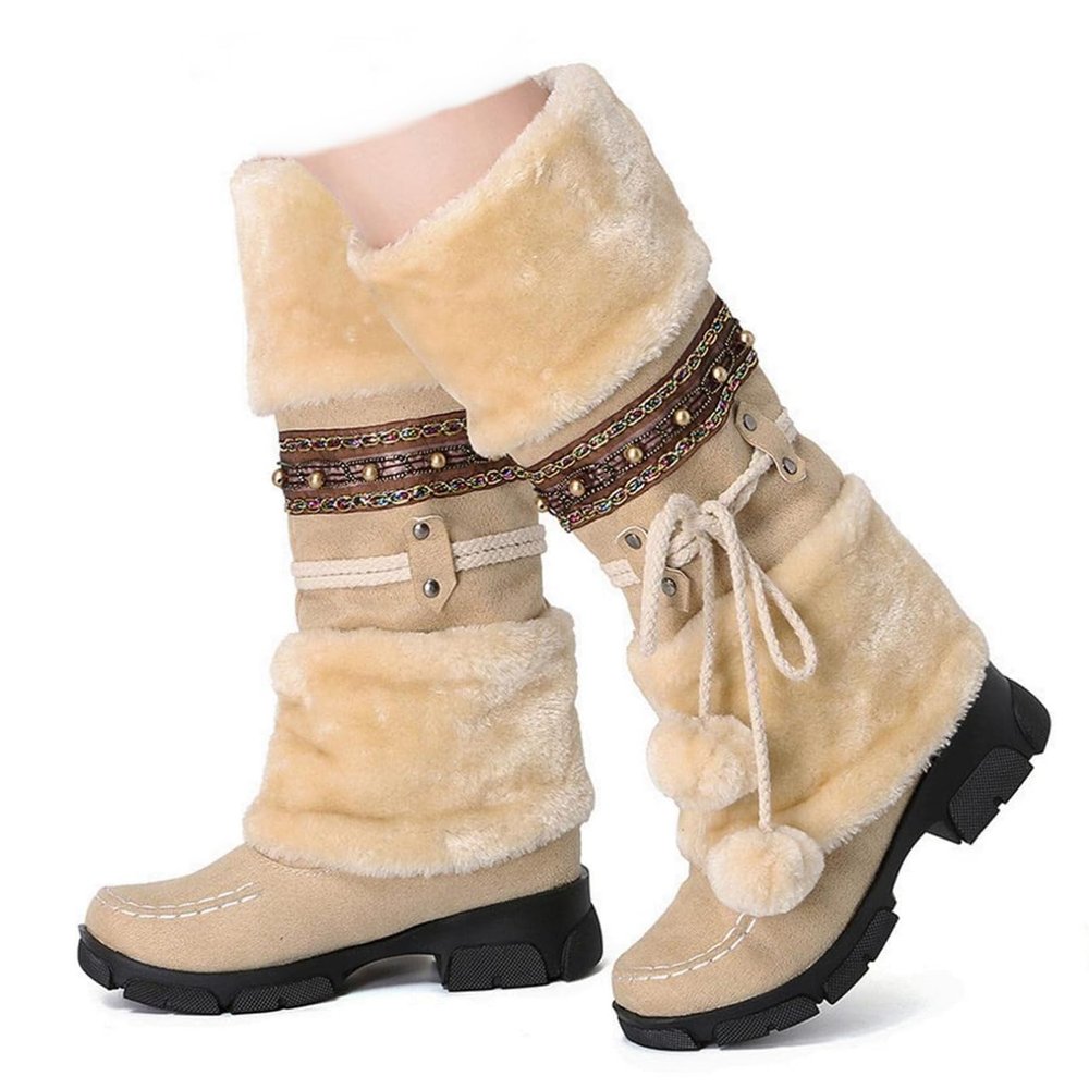 SACFOF Mid Calf Boots for Women,Winter Lace Up Pompoms Platform Anti-Slip Furry Snow Boots Fur Lined Keep Warm Knight Boots