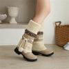 SACFOF Mid Calf Boots for Women,Winter Lace Up Pompoms Platform Anti-Slip Furry Snow Boots Fur Lined Keep Warm Knight Boots view 2