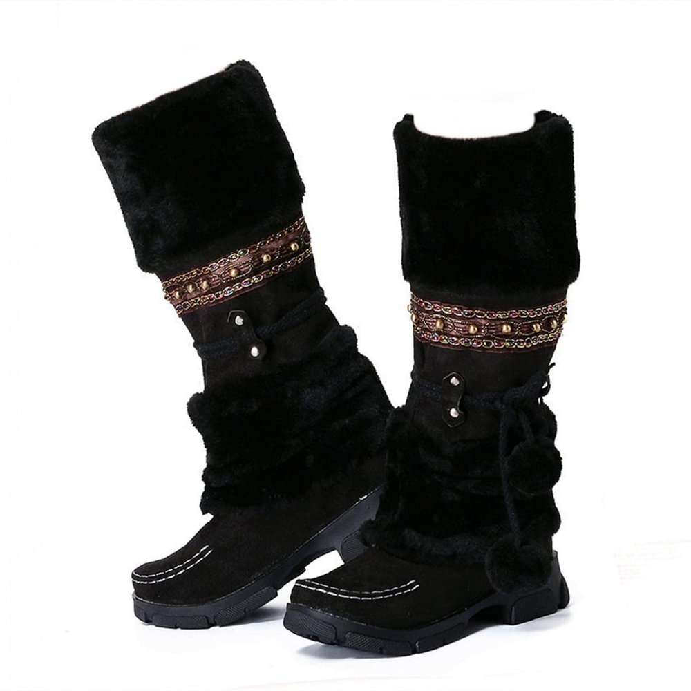 SACFOF Mid Calf Boots for Women,Winter Lace Up Pompoms Platform Anti-Slip Furry Snow Boots Fur Lined Keep Warm Knight Boots