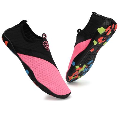 TEOKJ Water Shoes Quick Dry Barefoot Yoga Water Aqua Sport Pool Beach Swim Surf Driving for Women Men (Black/Pink, 7 Men/8 Women)