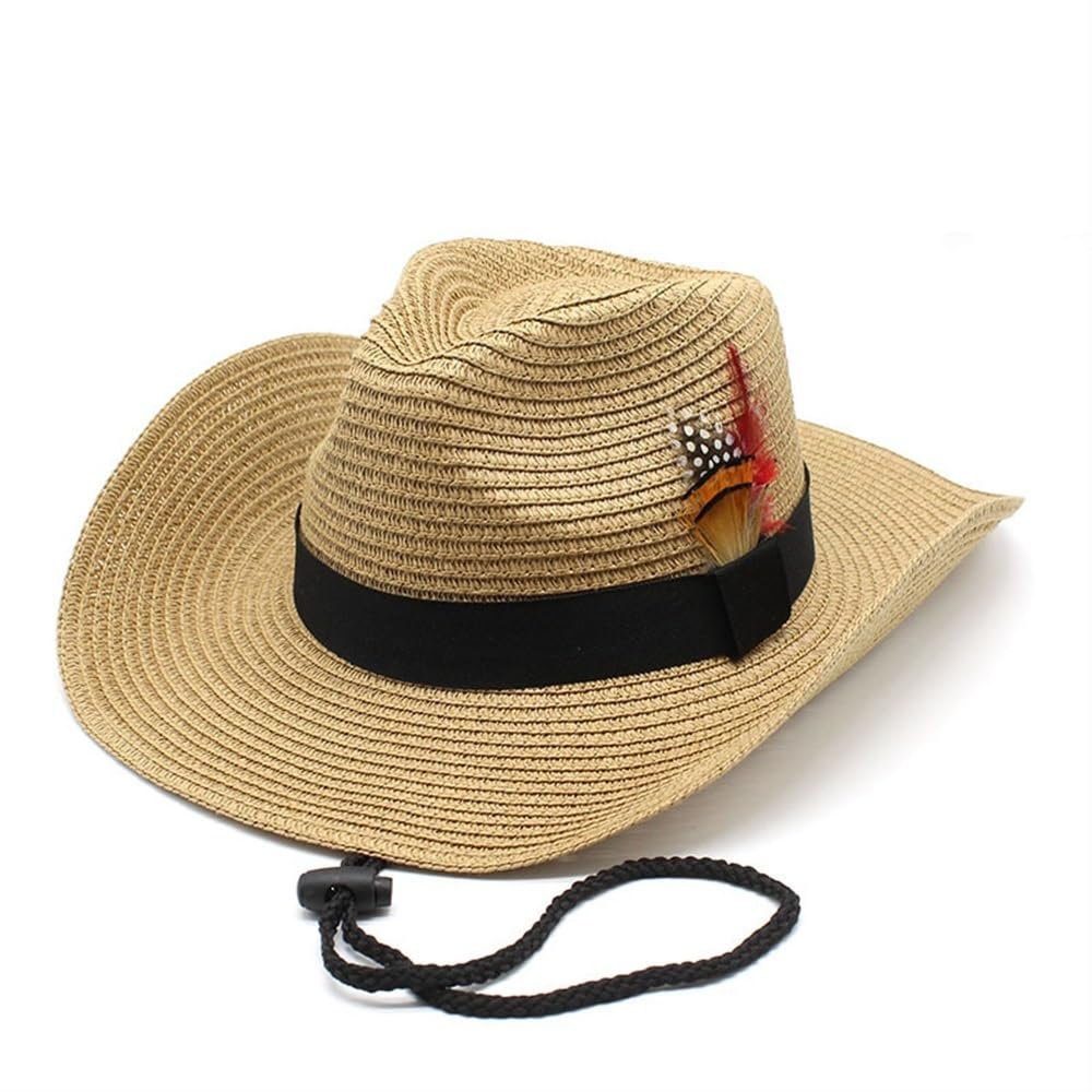 Western Cowboy Straw Hat Outdoor Sunshade Beach Sun Visor Hat 9cm Large Brim Hat Luopan(Khaki)