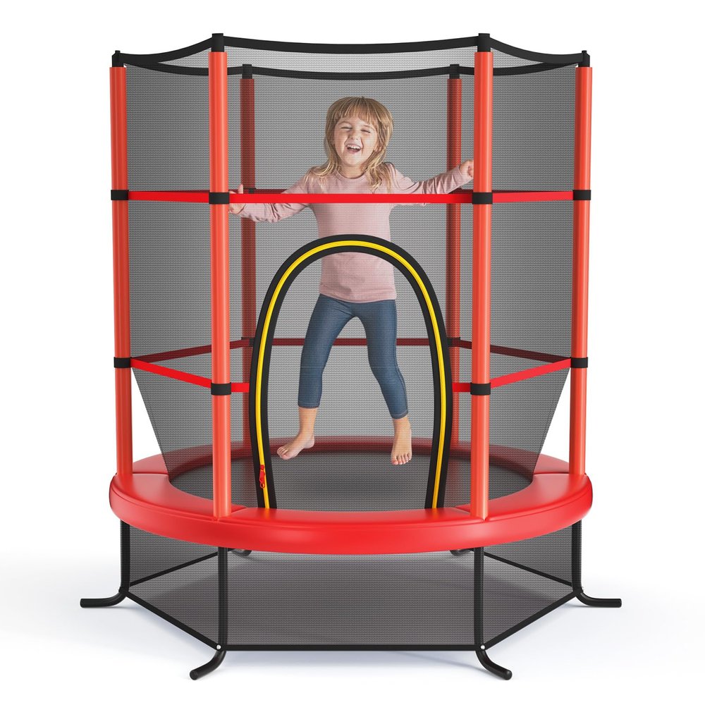 Goplus 55" Trampoline for Kids, 4.6 FT Mini Toddler With ASTM Certified Enclosure Net, Safety Pad, No-Gap Design, Indoor Outdoor Recreational for Children (Red)