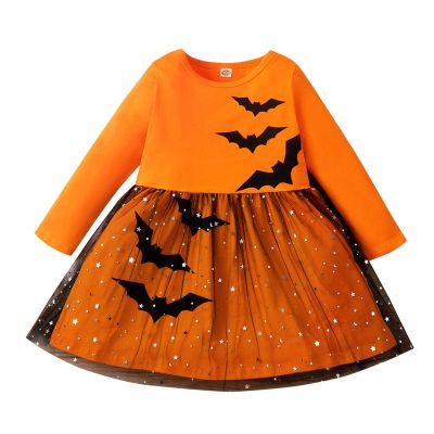 4t Kids Girls Infant Long Sleeve Cartoon Halloween Bat Prints Mesh Sleeves Dress 4t Dresses for Girls (Orange, 3-4 Years)