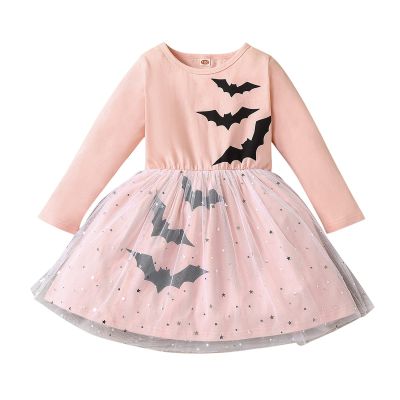 4t Kids Girls Infant Long Sleeve Cartoon Halloween Bat Prints Mesh Sleeves Dress 4t Dresses for Girls (Pink, 3-4 Years)