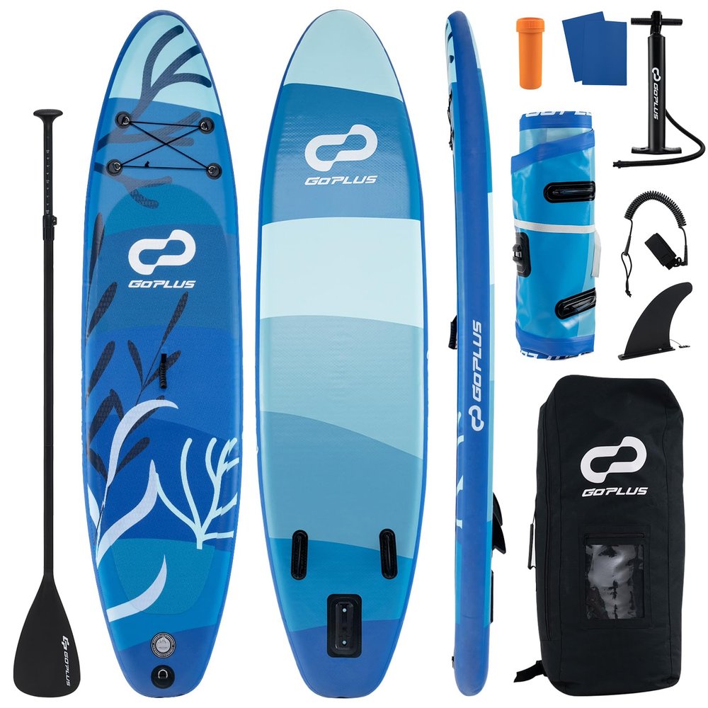 Goplus Inflatable Stand Up Paddle Board, 10FT/10.5FT/11FT SUP with Accessory Pack, Adjustable Paddle, Carry Bag, Fin, Hand Pump, Leash, Repair Kit (Ocean Blue, 10 FT)