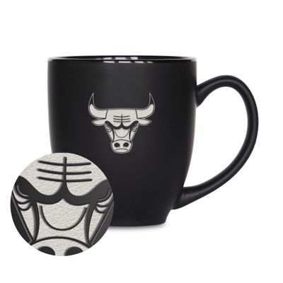 Rico Industries NBA Basketball Chicago Bulls Primary 15oz Laser Engraved Matte Black Ceramic Bistro Mug - for Hot or Cold Drinks