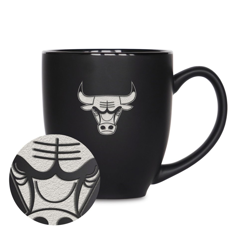 Rico Industries NBA Basketball Chicago Bulls Primary 15oz Laser Engraved Matte Black Ceramic Bistro Mug - for Hot or Cold Drinks