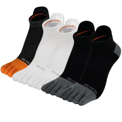 SOJOFEL Men's Ankle Toe Socks - Five Finger Cotton Socks No Show Athletic Running Breathable Mesh Low Cut Quarter Toe Socks Black White Orange Size 11-13 5 Pairs