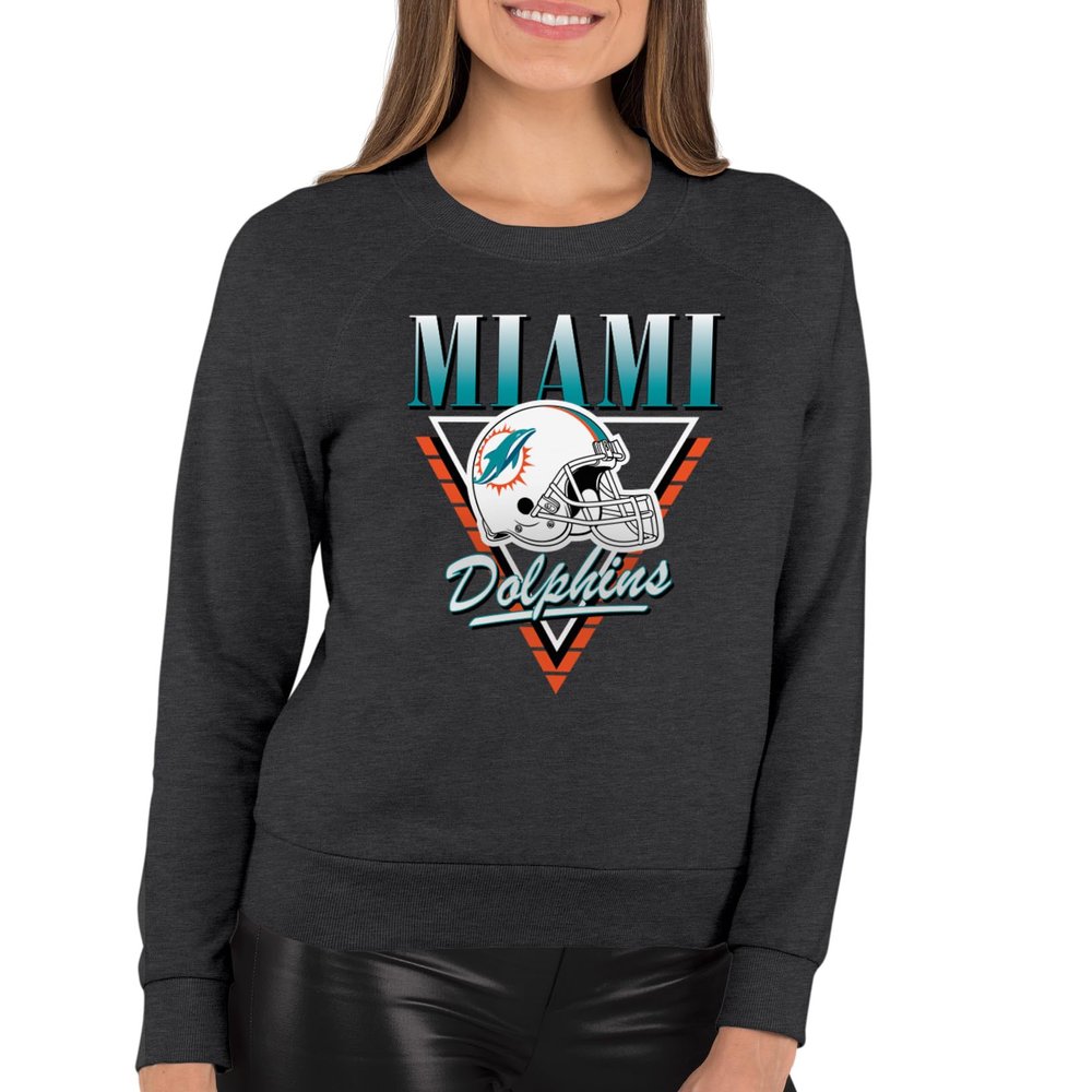 Team Fan Apparel NFL Womens Retro Triangle Slouchy Crewneck, Fleece Pullover Tagless, Long Sleeve Sweatshirt, Football Apparel (Miami Dolphins - Heather Charcoal, Small)
