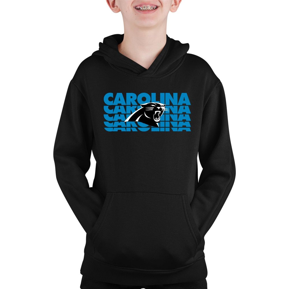 Team Fan Apparel NFL Youth Repeating Logo Football Fleece Hooded Sweatshirt, For Boys and Girls, Pro Hoodie Pullover (Carolina Panthers - Black, Medium)