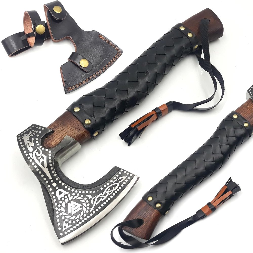 CHEEKU MEEKU Custom Handmade Carbon Steel Real Viking Axe Hatchet,Camping Axe, Birthday Gift for him, Leather Wrapped Handle and Leather Sheath ((FM 19))