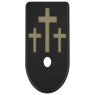 NDZ Performance Magazine Base Plate Finger Extension for Glock Gen 1-5, 19, 17, 22, 23, 24, 31, 32, 34  Anodized Aluminum  FDE Color Filled Engraving  Made in USA  3 Crosses