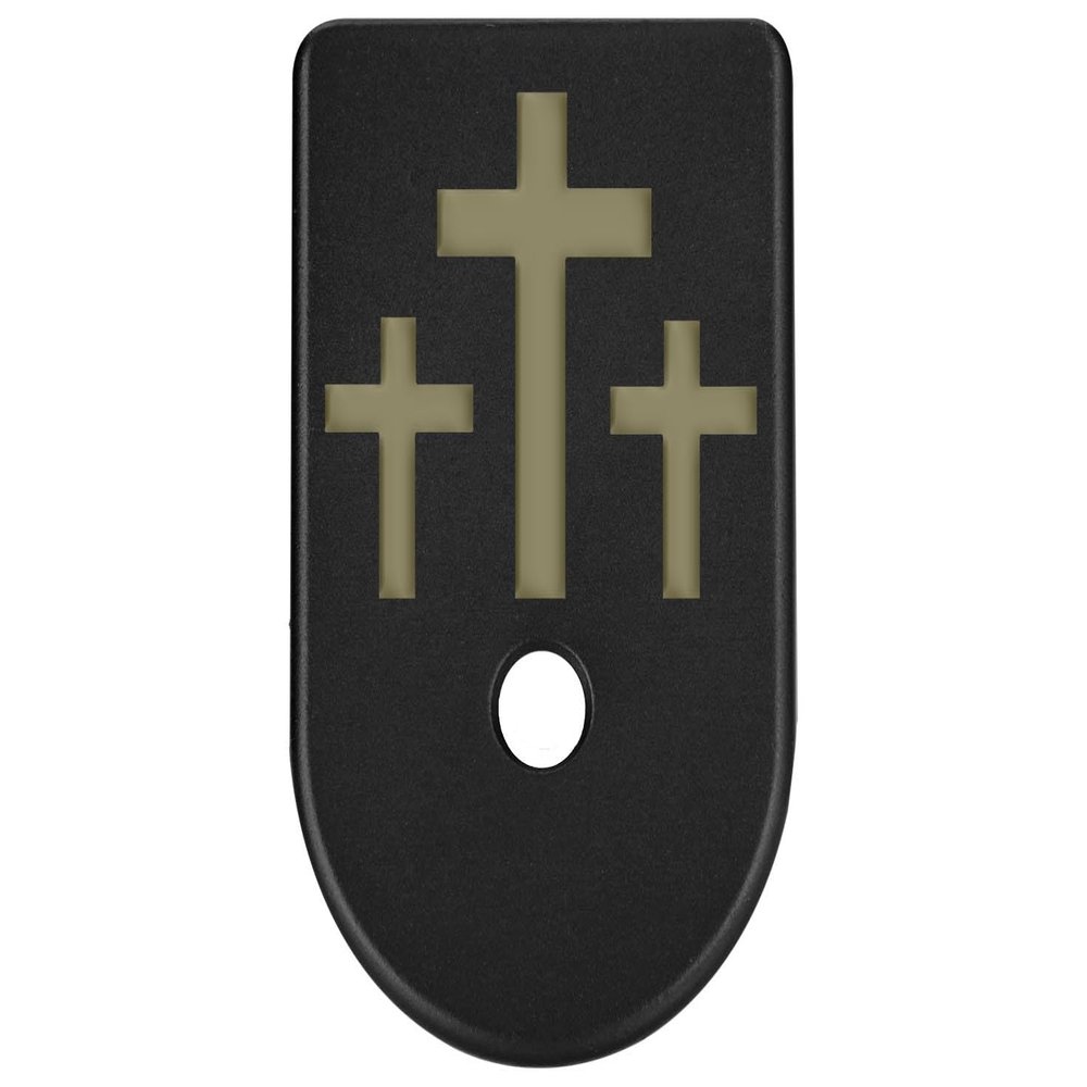 NDZ Performance Magazine Base Plate Finger Extension for Glock Gen 1-5, 19, 17, 22, 23, 24, 31, 32, 34  Anodized Aluminum  FDE Color Filled Engraving  Made in USA  3 Crosses