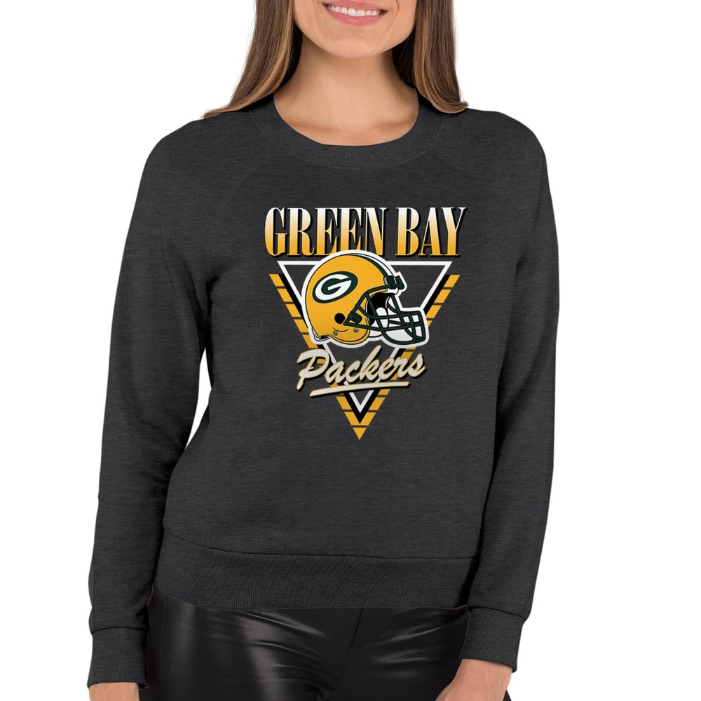 Team Fan Apparel NFL Womens Retro Triangle Slouchy Crewneck, Fleece Pullover Tagless, Long Sleeve Sweatshirt, Football Apparel (Green Bay Packers - Heather Charcoal, Small)