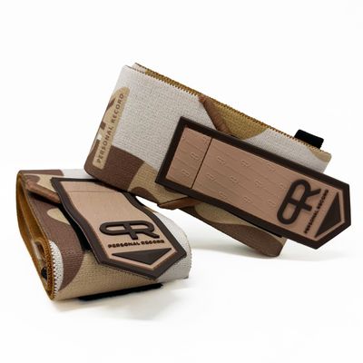 PR Personal Record Elbow Wraps for Weightlifting - Heavy Duty Construction, 25% More Elasticity, Reinforced Stitching, Extra Wide Fastener, Easy to Adjust, (Sand Camo)