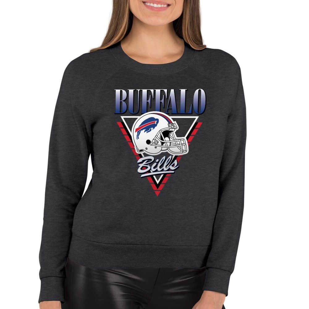 Team Fan Apparel NFL Womens Retro Triangle Slouchy Crewneck, Fleece Pullover Tagless, Long Sleeve Sweatshirt, Football Apparel (Buffalo Bills - Heather Charcoal, Large)