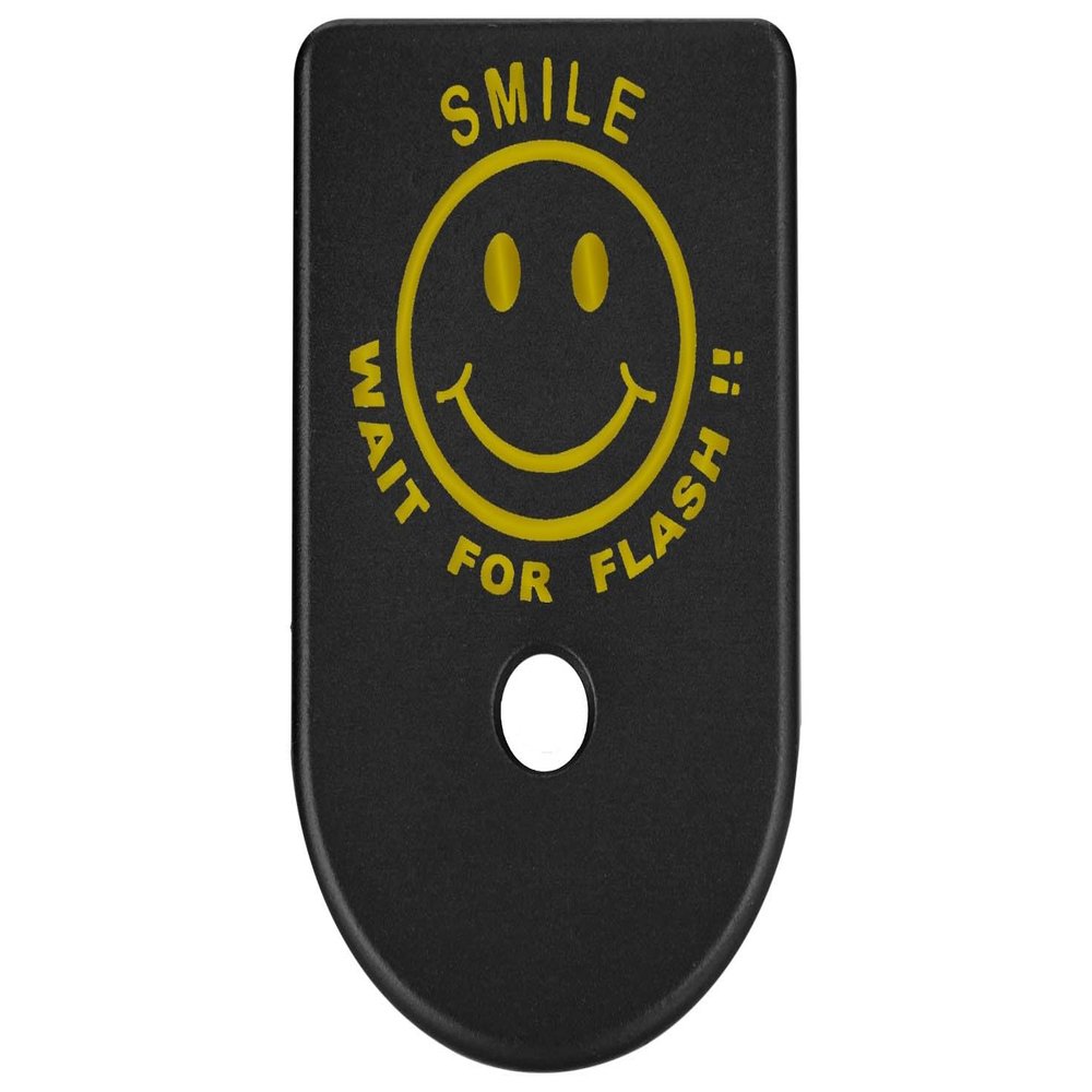NDZ Performance Magazine Base Plate Finger Extension for Glock Gen 1-5, 19, 17, 22, 23, 24, 31, 32, 34  Anodized Aluminum  Gold Color Filled Engraving  Made in USA  Smile Wait for Flash Smile