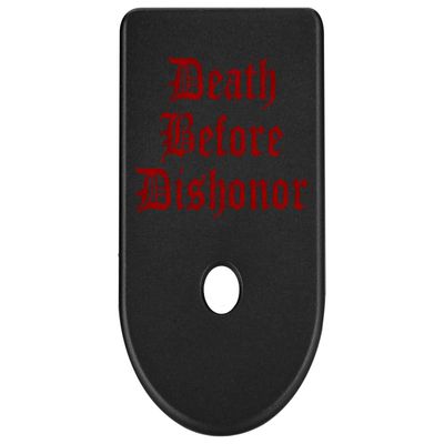 NDZ Performance Magazine Base Plate Finger Extension for Glock Gen 1-5, 19, 17, 22, 23, 24, 31, 32, 34  Anodized Aluminum  Red Color Filled Engraving  Made in USA  Death Before Dishonor